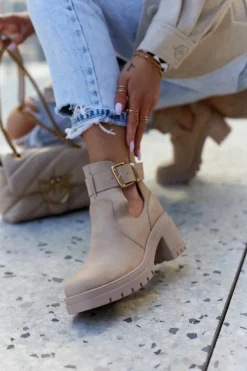 Boto Botki Wiosenne|Botki Na Słupku*Skórzane Botki Wycięcie Pasek Ciemnobeżowe Rosanne