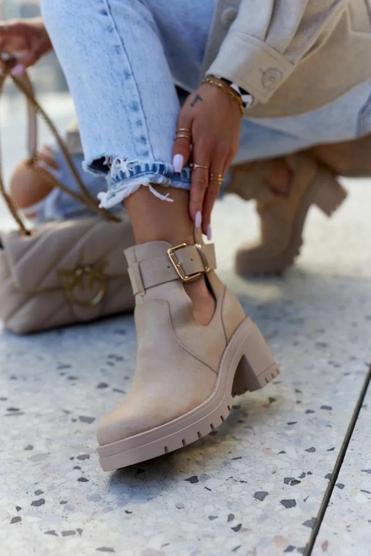 Boto Botki Wiosenne|Botki Na Słupku*Skórzane Botki Wycięcie Pasek Ciemnobeżowe Rosanne