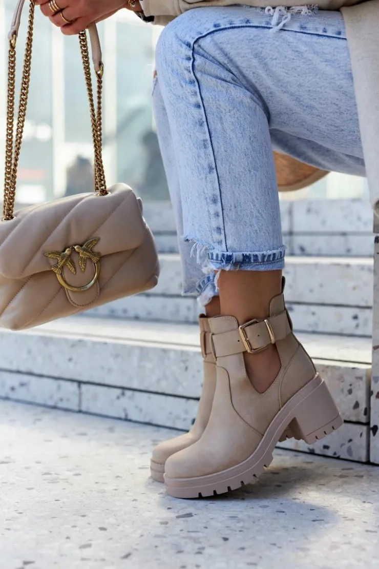 Boto Botki Wiosenne|Botki Na Słupku*Skórzane Botki Wycięcie Pasek Ciemnobeżowe Rosanne