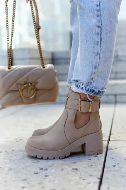 Boto Botki Wiosenne|Botki Na Słupku*Skórzane Botki Wycięcie Pasek Ciemnobeżowe Rosanne