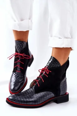 Boto Botki Sznurowane|Czarne Botki*Skórzane Botki Wzór Aligatora Czarne Laorelia