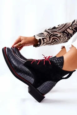 Boto Botki Sznurowane|Czarne Botki*Skórzane Botki Wzór Aligatora Czarne Laorelia