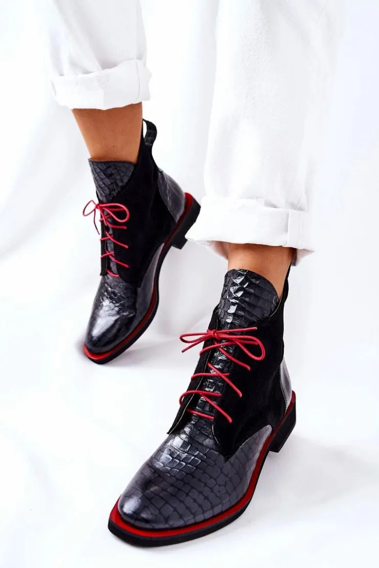 Boto Botki Sznurowane|Czarne Botki*Skórzane Botki Wzór Aligatora Czarne Laorelia