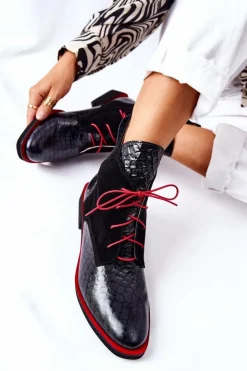 Boto Botki Sznurowane|Czarne Botki*Skórzane Botki Wzór Aligatora Czarne Laorelia