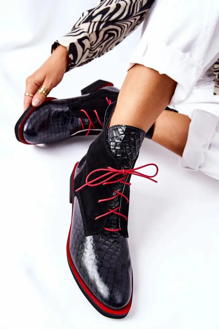 Boto Botki Sznurowane|Czarne Botki*Skórzane Botki Wzór Aligatora Czarne Laorelia