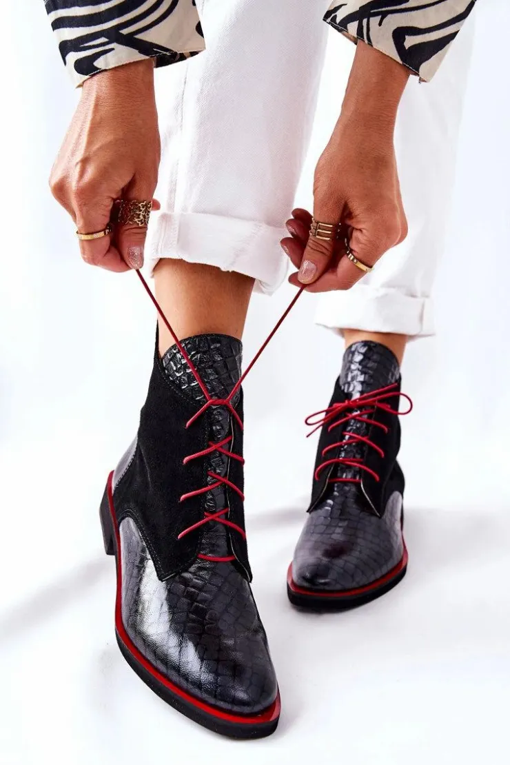 Boto Botki Sznurowane|Czarne Botki*Skórzane Botki Wzór Aligatora Czarne Laorelia