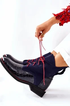 Damskie Boto Skórzane Botki Wzór Aligatora Granatowe Bruselle