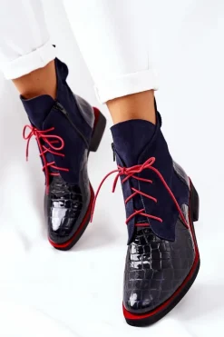 Damskie Boto Skórzane Botki Wzór Aligatora Granatowe Bruselle