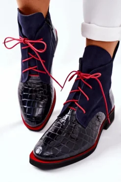 Damskie Boto Skórzane Botki Wzór Aligatora Granatowe Bruselle