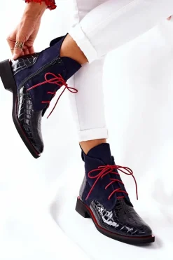 Damskie Boto Skórzane Botki Wzór Aligatora Granatowe Bruselle