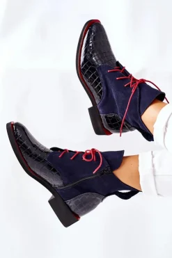 Damskie Boto Skórzane Botki Wzór Aligatora Granatowe Bruselle