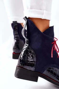 Damskie Boto Skórzane Botki Wzór Aligatora Granatowe Bruselle