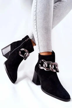 Sale Laura Messi Skórzane Botki Z Łańcuchem Czarne 2345