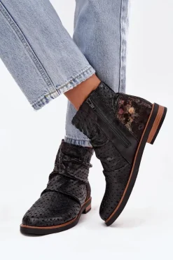 Maciejka Botki Maciejka|Botki Wiosenne*Skórzane Botki Z Ażurowym Wzorem 05922-01 Czarne