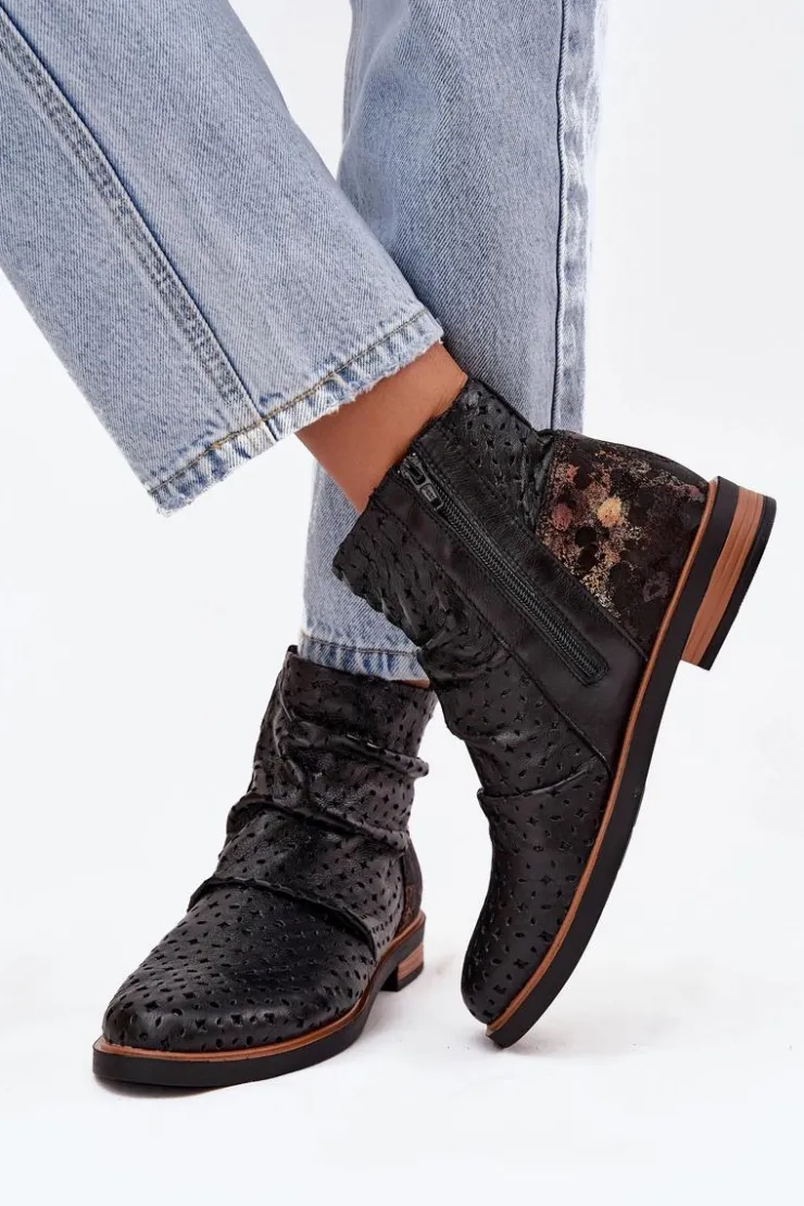 Maciejka Botki Maciejka|Botki Wiosenne*Skórzane Botki Z Ażurowym Wzorem 05922-01 Czarne