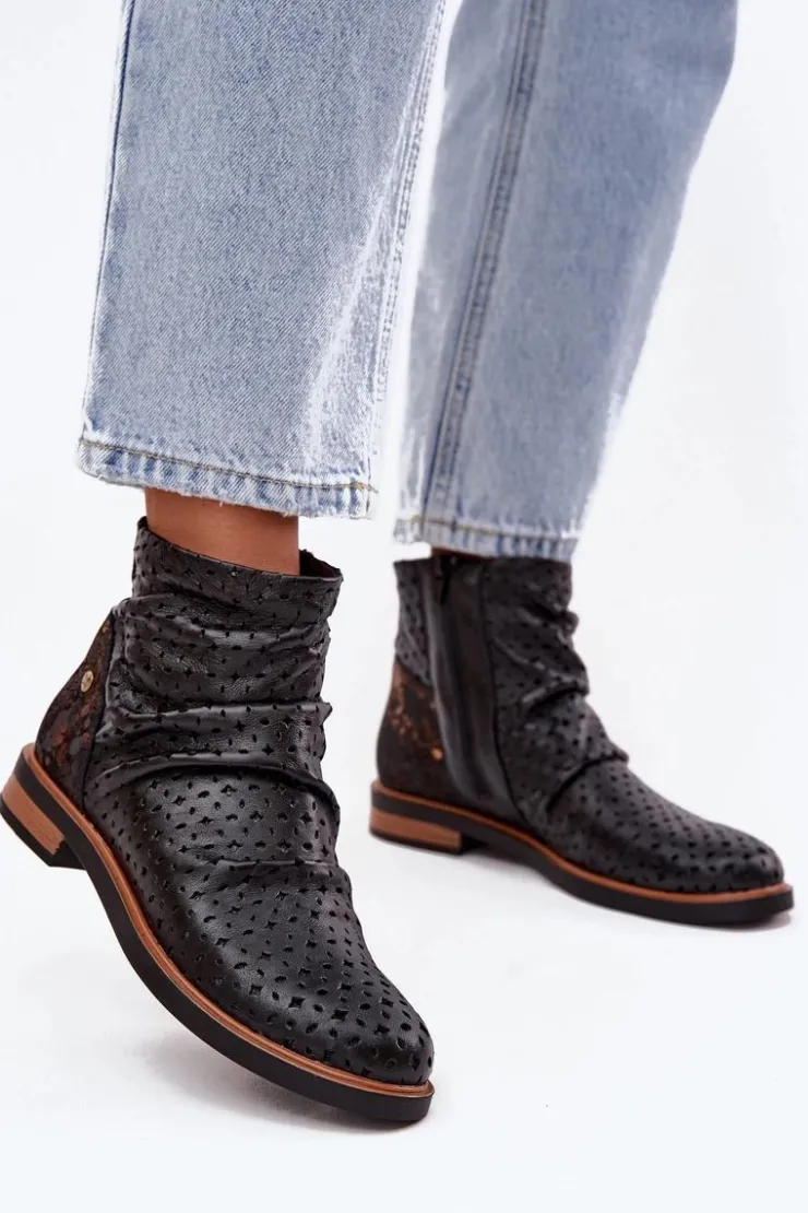 Maciejka Botki Maciejka|Botki Wiosenne*Skórzane Botki Z Ażurowym Wzorem 05922-01 Czarne