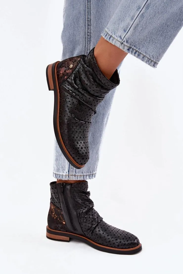 Maciejka Botki Maciejka|Botki Wiosenne*Skórzane Botki Z Ażurowym Wzorem 05922-01 Czarne