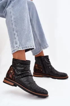 Maciejka Botki Maciejka|Botki Wiosenne*Skórzane Botki Z Ażurowym Wzorem 05922-01 Czarne