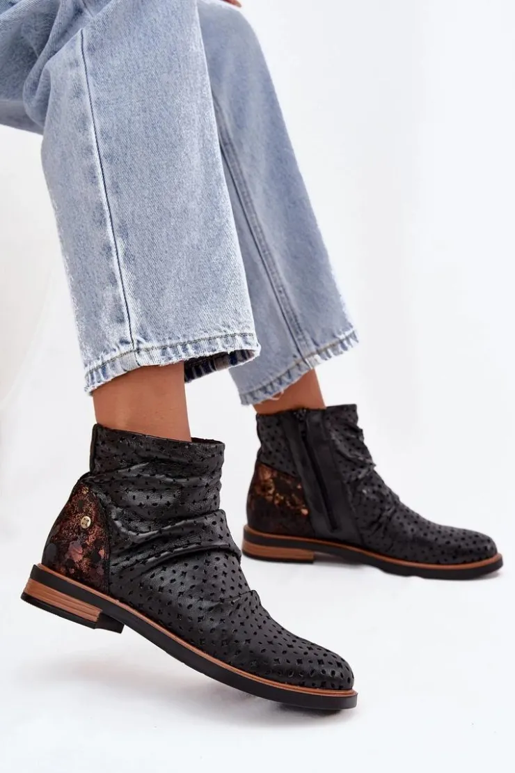 Maciejka Botki Maciejka|Botki Wiosenne*Skórzane Botki Z Ażurowym Wzorem 05922-01 Czarne