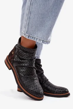 Maciejka Botki Maciejka|Botki Wiosenne*Skórzane Botki Z Ażurowym Wzorem 05922-01 Czarne