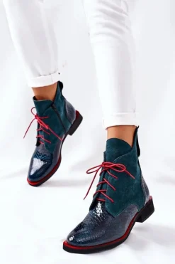 Hot Boto Skórzane Botki Z Krokodylim Wzorem Zielone Cheyenne