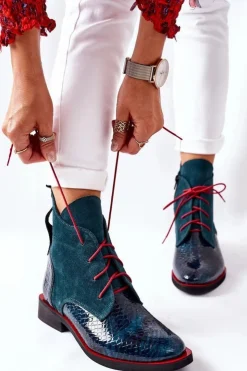 Hot Boto Skórzane Botki Z Krokodylim Wzorem Zielone Cheyenne