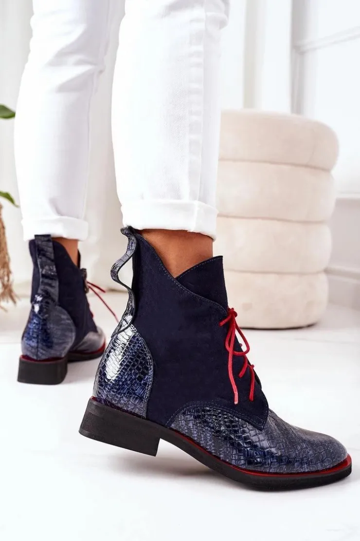 Outlet Boto Skórzane Botki Z Krokodylim Wzorem Granatowe Cheyenne
