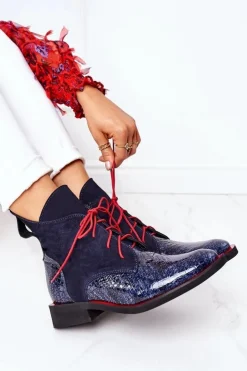 Outlet Boto Skórzane Botki Z Krokodylim Wzorem Granatowe Cheyenne