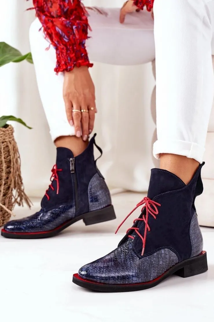Outlet Boto Skórzane Botki Z Krokodylim Wzorem Granatowe Cheyenne