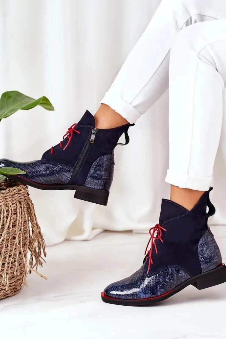 Outlet Boto Skórzane Botki Z Krokodylim Wzorem Granatowe Cheyenne