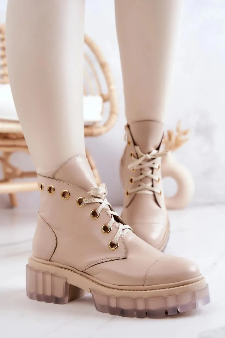 Boto Botki Wiosenne|Damskie Trapery*Skórzane Botki Z Masywną Podeszwą Beżowe Horizon