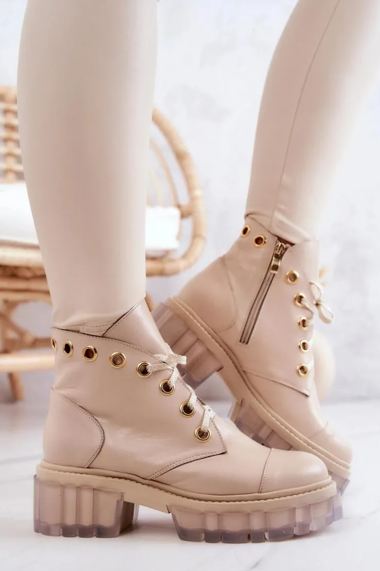 Boto Botki Wiosenne|Damskie Trapery*Skórzane Botki Z Masywną Podeszwą Beżowe Horizon