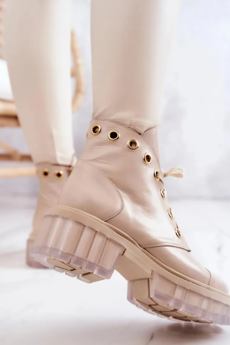 Boto Botki Wiosenne|Damskie Trapery*Skórzane Botki Z Masywną Podeszwą Beżowe Horizon