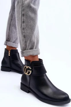 Hot Boto Skórzane Botki Z Ozdobą Czarne Galos