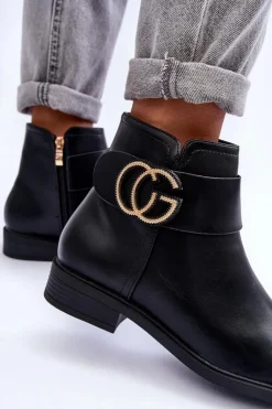 Hot Boto Skórzane Botki Z Ozdobą Czarne Galos