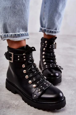 New Boto Skórzane Botki Z Ozdobnym Paskiem Czarne Sabine