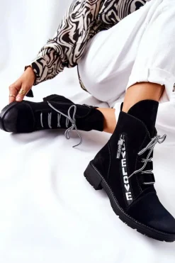 Damskie Boto Skórzane Botki Z Ozdobnym Suwakiem Czarne Lomissa