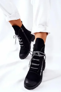 Damskie Boto Skórzane Botki Z Ozdobnym Suwakiem Czarne Lomissa