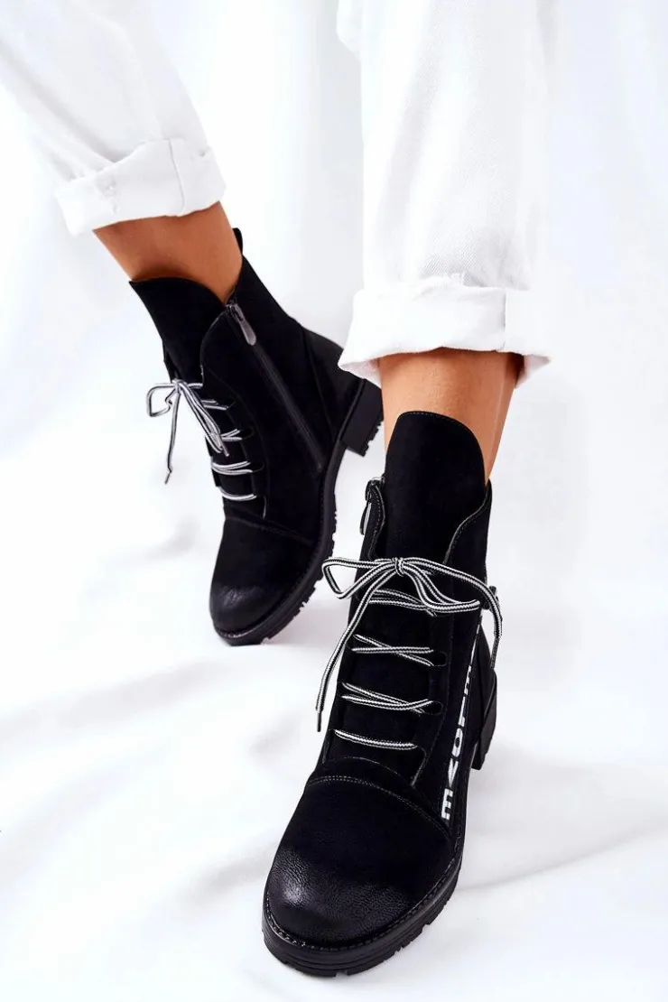 Damskie Boto Skórzane Botki Z Ozdobnym Suwakiem Czarne Lomissa