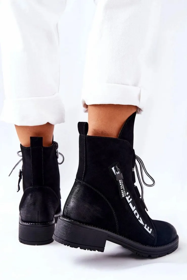 Damskie Boto Skórzane Botki Z Ozdobnym Suwakiem Czarne Lomissa