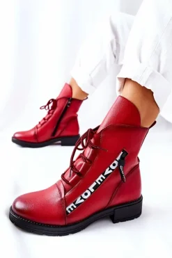 Discount Boto Skórzane Botki Z Ozdobnym Suwakiem Czerwone Lomissa