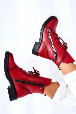 Discount Boto Skórzane Botki Z Ozdobnym Suwakiem Czerwone Lomissa
