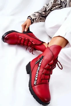 Discount Boto Skórzane Botki Z Ozdobnym Suwakiem Czerwone Lomissa