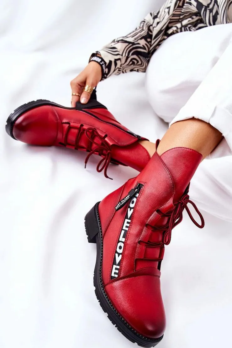 Discount Boto Skórzane Botki Z Ozdobnym Suwakiem Czerwone Lomissa