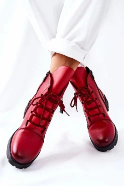 Discount Boto Skórzane Botki Z Ozdobnym Suwakiem Czerwone Lomissa