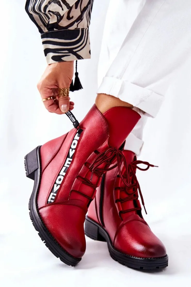 Discount Boto Skórzane Botki Z Ozdobnym Suwakiem Czerwone Lomissa
