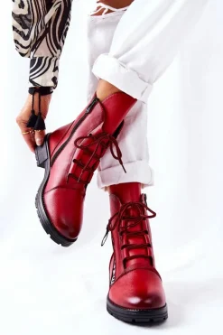 Discount Boto Skórzane Botki Z Ozdobnym Suwakiem Czerwone Lomissa