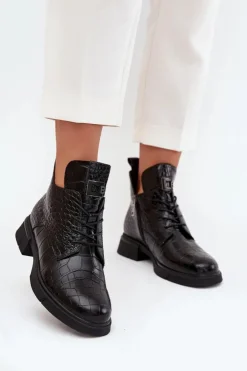 Best Buty damskie Vinceza Skórzane Botki Z Ozdobnym Tłoczeniem Ocieplane Vinceza 66815 Czarne