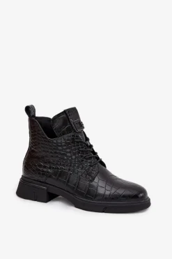 Best Buty damskie Vinceza Skórzane Botki Z Ozdobnym Tłoczeniem Ocieplane Vinceza 66815 Czarne