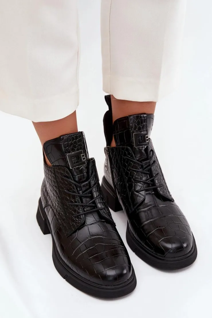 Best Buty damskie Vinceza Skórzane Botki Z Ozdobnym Tłoczeniem Ocieplane Vinceza 66815 Czarne